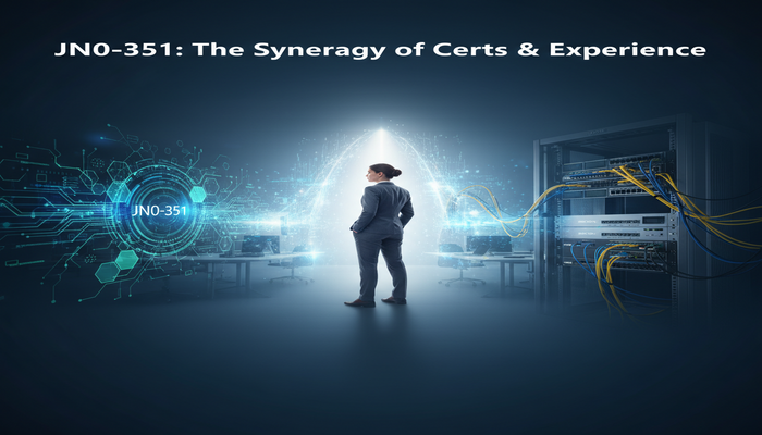 JN0-351: The Synergy of Certs & Experience A professional stands at a conceptual intersection where digital schematics representing JN0-351 certification seamlessly merge with tangible Juniper network hardware, symbolizing the synergy between theoretical knowledge and practical experience in IT networking. The image includes the text 'JN0-351: The Synergy of Certs & Experience'.