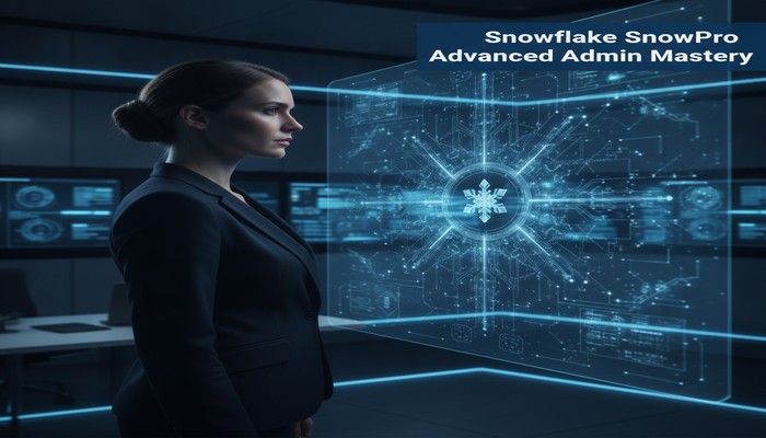 Snowflake SnowPro Advanced Admin Mastery A focused cloud professional overseeing a holographic, abstract Snowflake data ecosystem visualization in a high-tech control room, representing mastery of Snowflake SnowPro Advanced Admin ADA-C02.