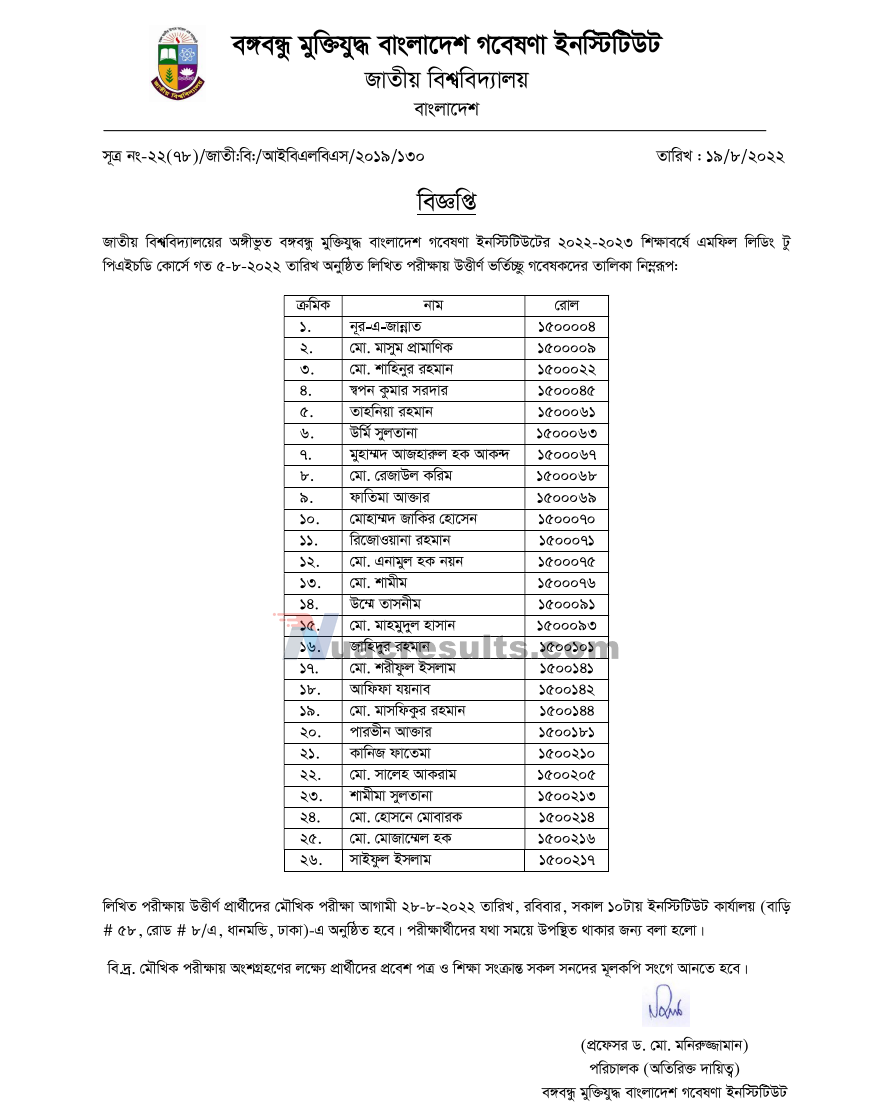 M.Phil & Ph.D. Admission Written Exam Result