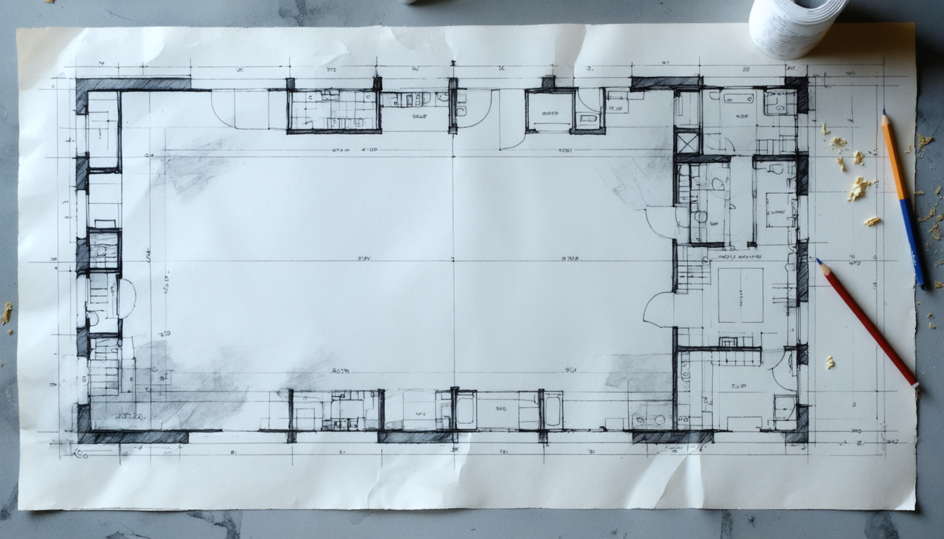 A minimalist architectural blueprint with a section conspicuously erased, showing only faint graphite traces where a room once was