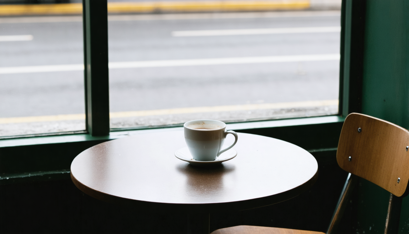 An empty café table by a window on a cool morning, a single coffee cup, no person visible.