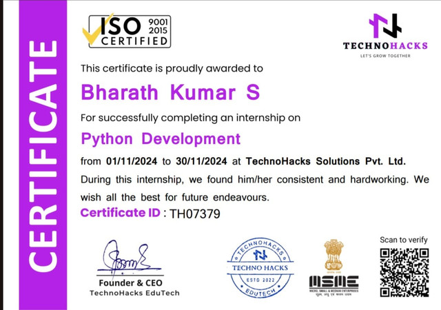 Python Development Internship Certificate