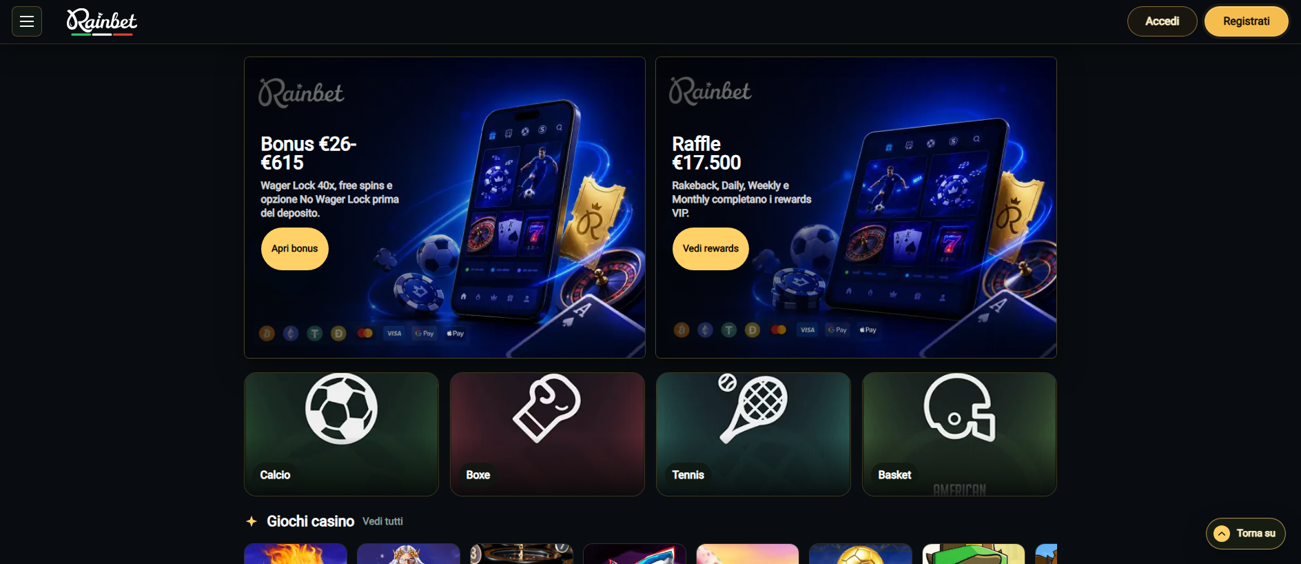 Forensic screenshot of rainbet-casinos.it showing the phishing page layout