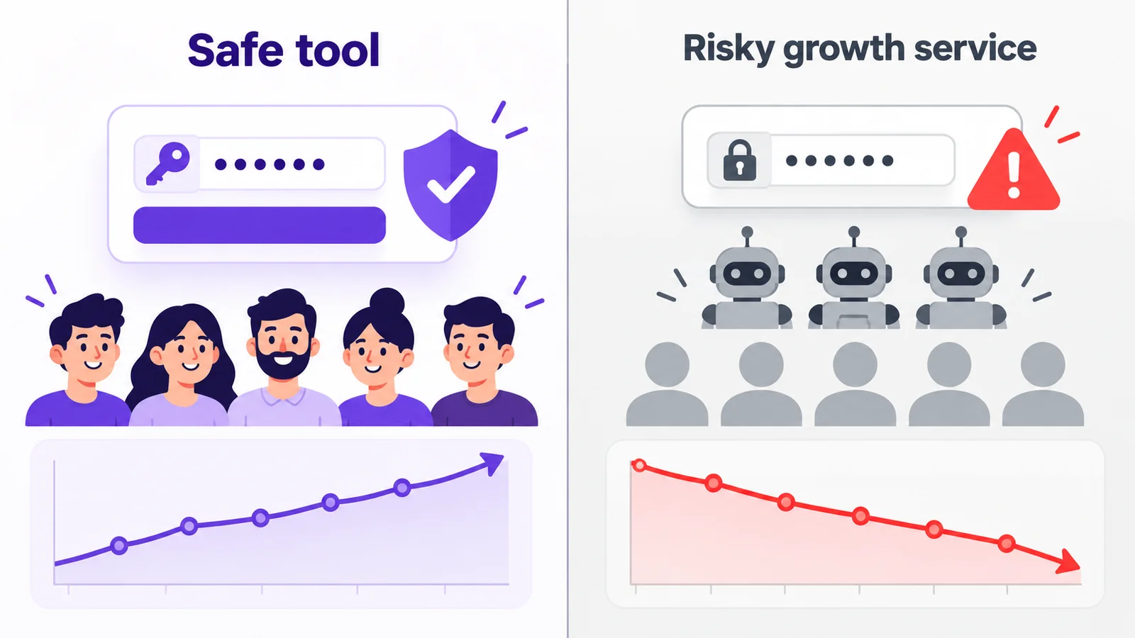 Safe Instagram growth tool versus risky growth service: official API login and real engagement versus password sharing and bots