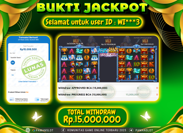 Selamat kepada Member PAMANSLOT Game PP - Zeus vs Hades - Gods of War :  WI***3