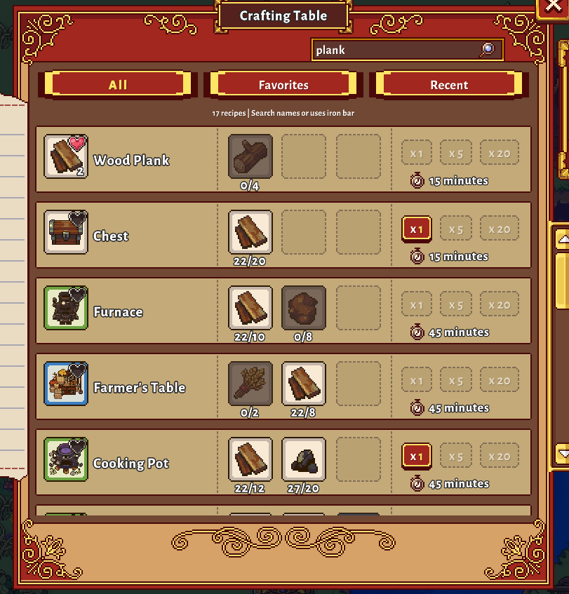 Search crafting recipes by the materials they use