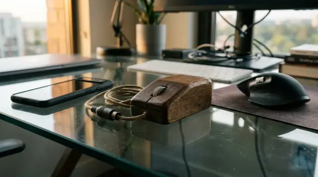 Vintage wooden computer mouse beside modern wireless mouse and smartphone, dramatic lighting