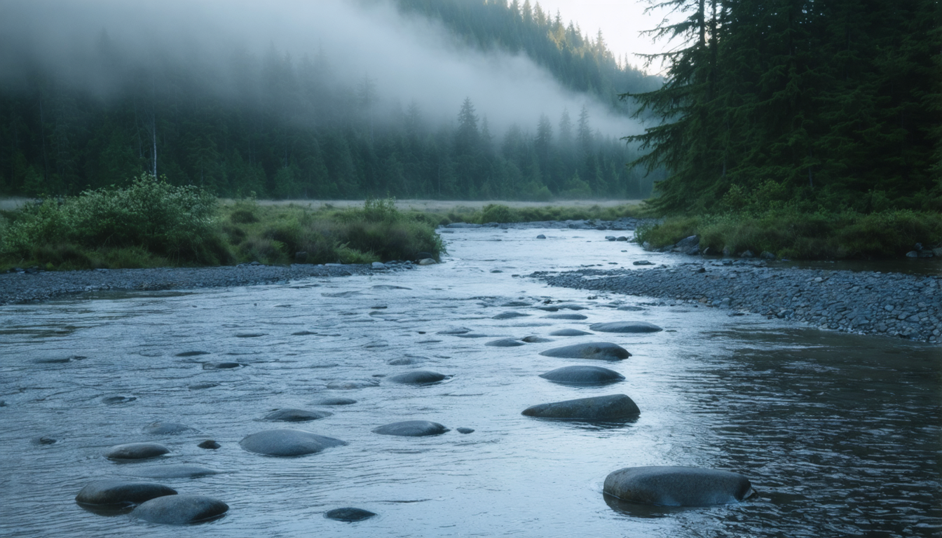 A river at low water revealing smooth stones along its banks, mist hanging close to the surface in early morning light.