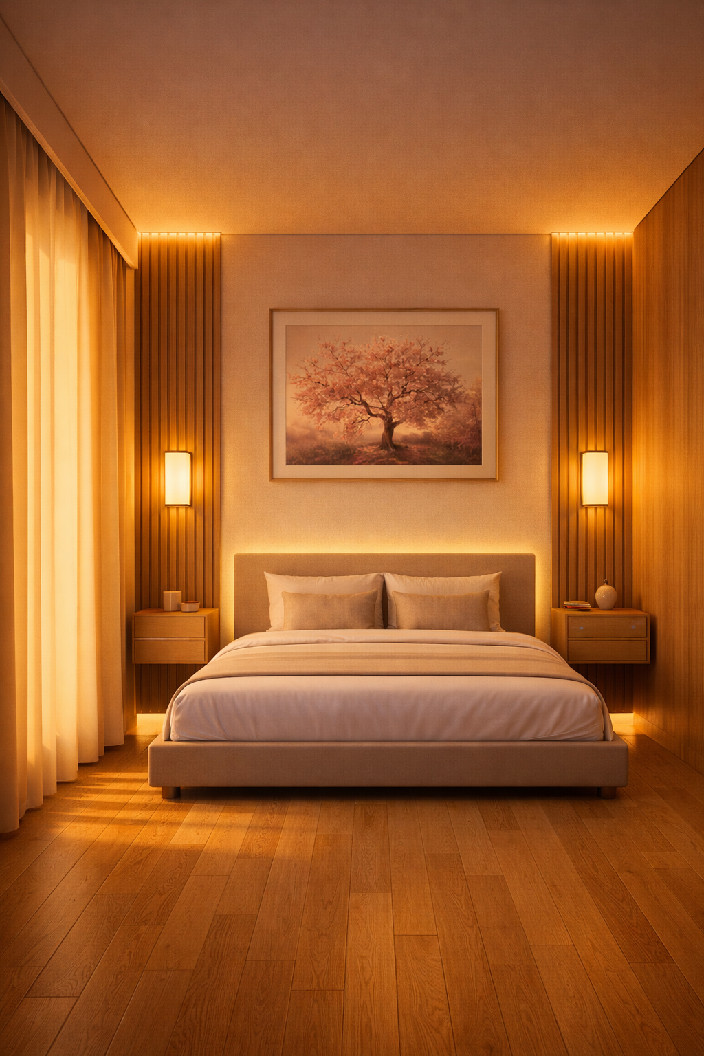 Dormitorio japandi envuelto en luz cálida y flor de cerezo