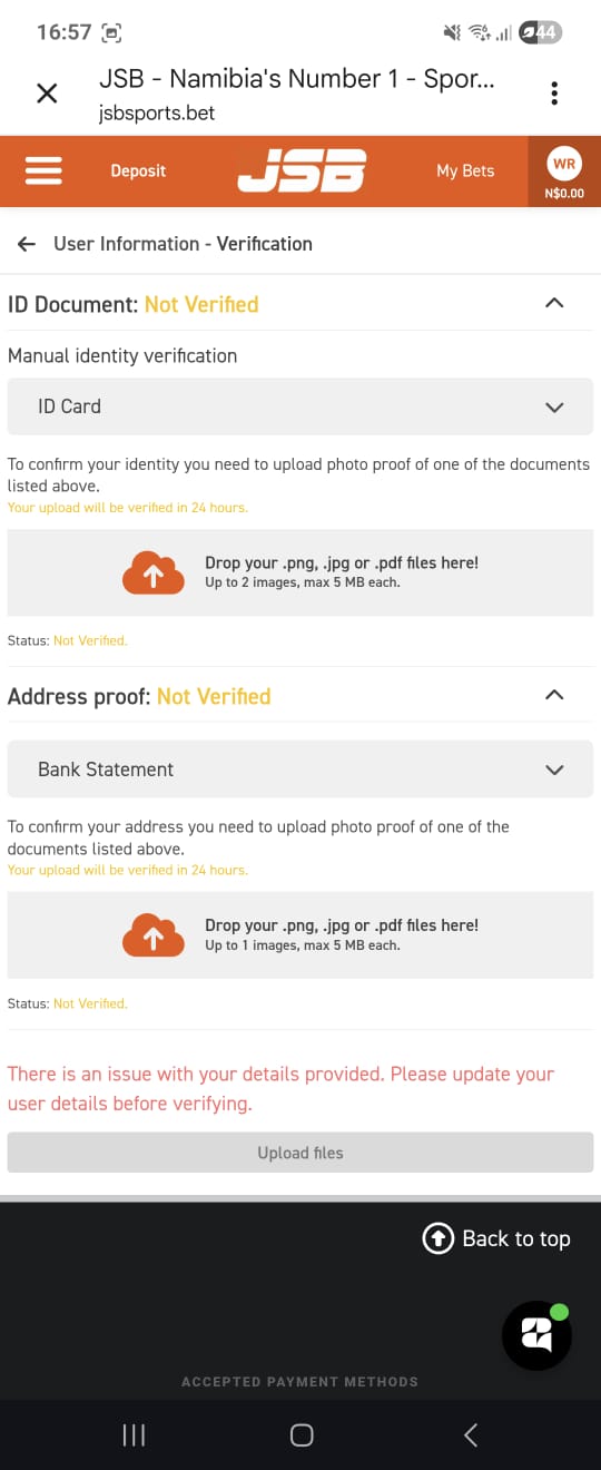 JSBSports Document Upload Page