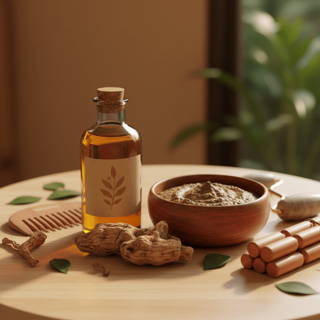Ashwagandha oil and Ayurvedic hair care ingredients on a warm spa table