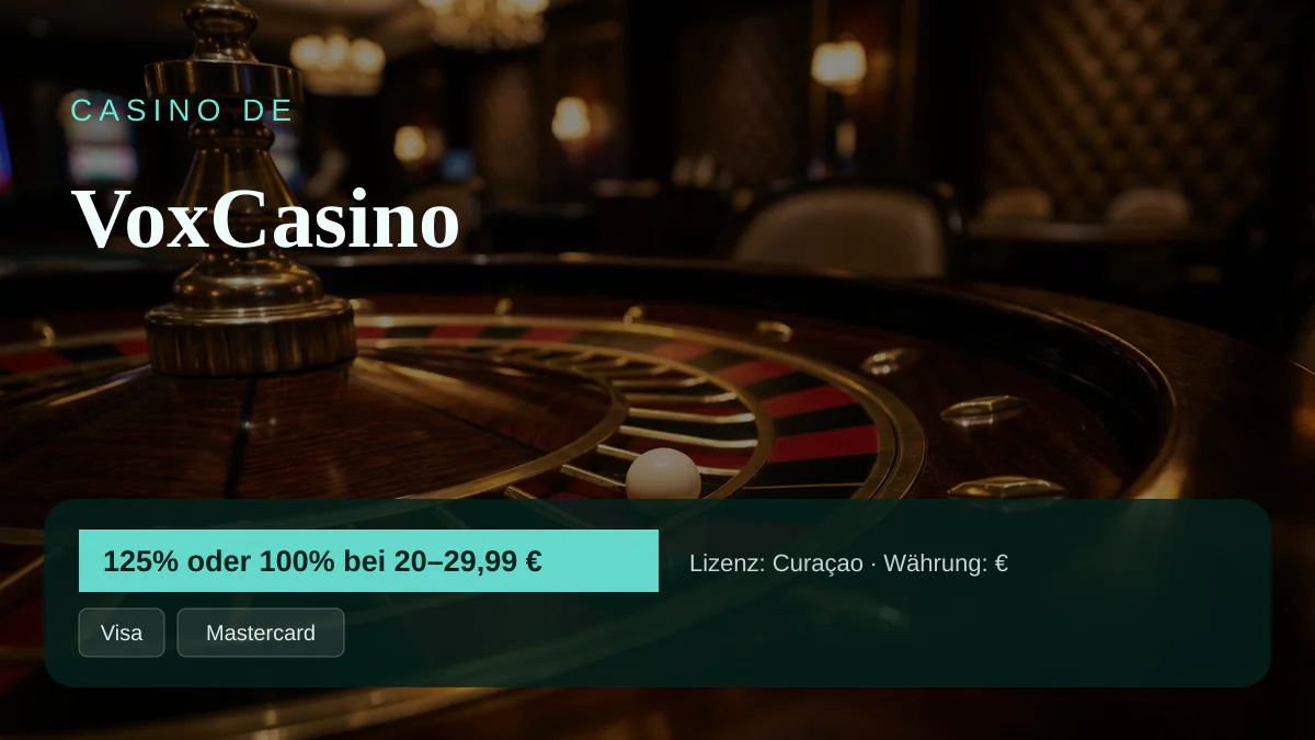 VoxCasino — Willkommensbonus 125% oder 100% bei 20–29,99 € + 25 FS, Zahlungen: Visa, Mastercard, Skrill, Neteller, Paysafecard