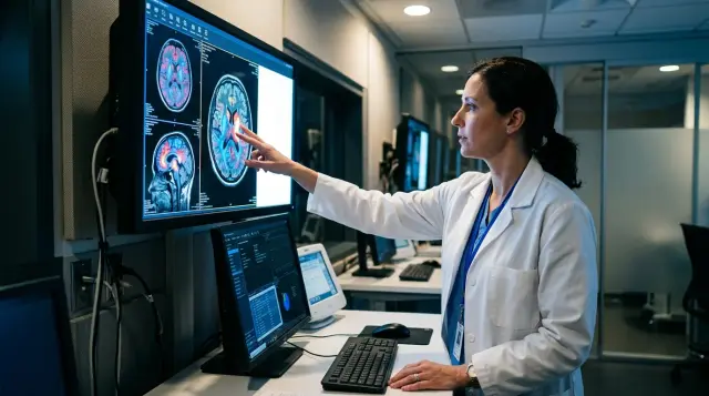 Doctor analyzing illuminated brain MRI scans in a modern radiology suite, clinical blue glow