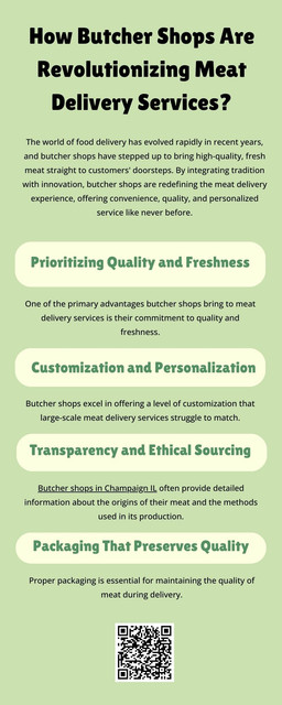 Butcher shops in Champaign, IL, are transforming meat delivery services by offering fresh, high-quality cuts directly to customers’ doors. These shops emphasize local sourcing, sustainable practices, and customizable orders, ensuring convenience without compromising quality. With online platforms and efficient packaging, they provide a seamless farm-to-table experience. This innovation supports local farmers while meeting the growing demand for ethical, reliable, and premium meat delivery services. To know more visit here https://www.goharvestmarket.com/our-story/butcher-shop-our-meat-department/