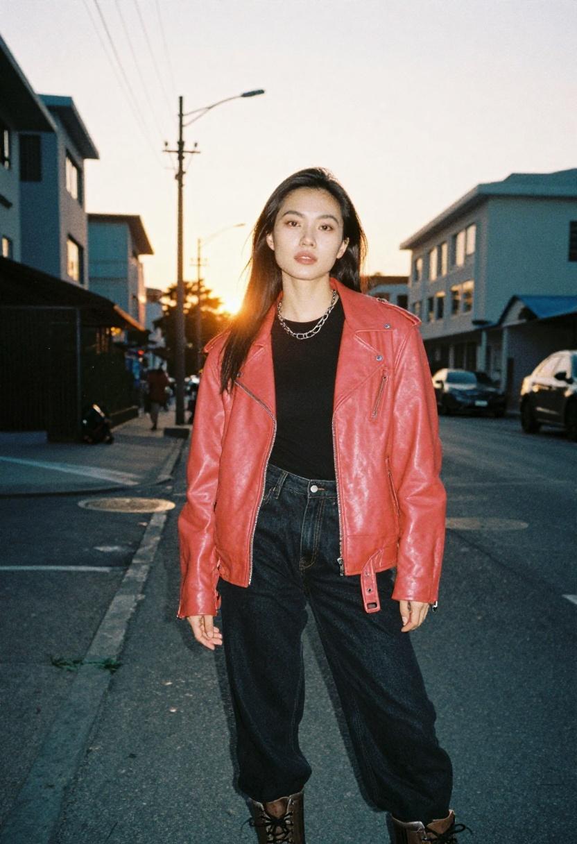 Tangerine moto jacket with combat boots for alternative edge at urban sunset