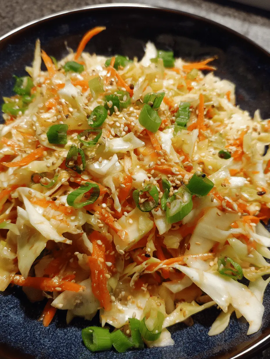 Close-up of Asian sesame slaw with fresh cabbage, carrots, and sesame seeds served in a bowl.