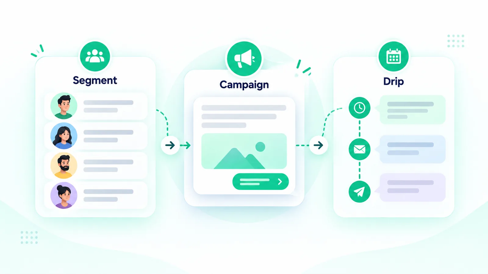 WhatsApp marketing automation overview showing campaigns, segmentation, and drip journeys