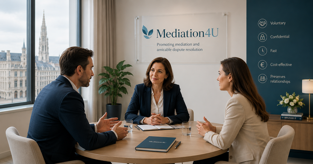 Deux dirigeants d’entreprise discutant autour d’une table avec un médiateur, dans un cadre professionnel apaisé.