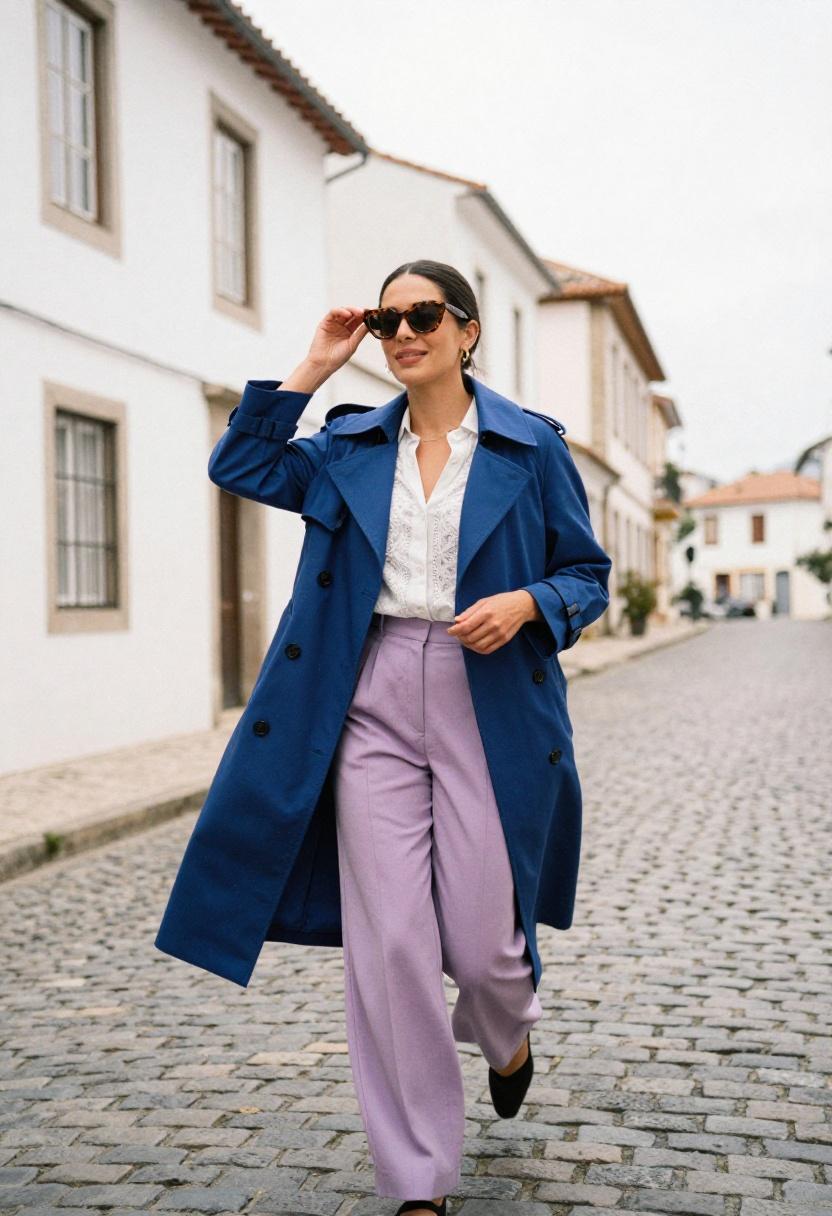 Bold cobalt trench coat over a lilac wide-leg trouser set on cobblestone streets near cherry blossoms