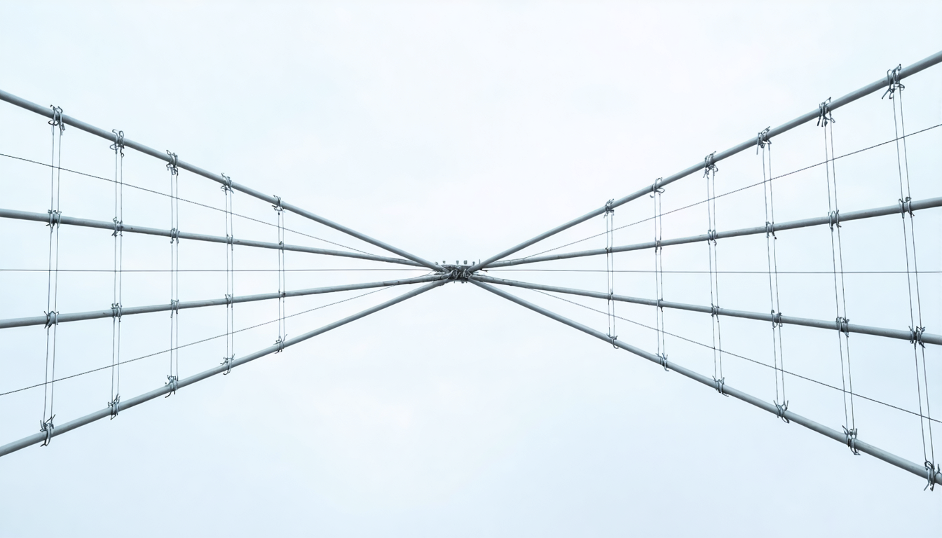 A tensegrity sculpture hovering in quiet tension — every member intact, nothing eliminated, nothing collapsed.