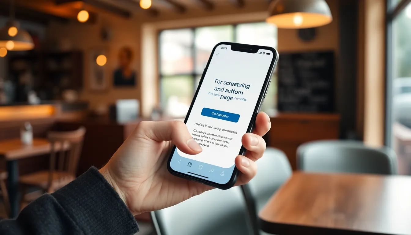 User holding a phone with a landing page design in a coffee shop, highlighting conversion optimization.