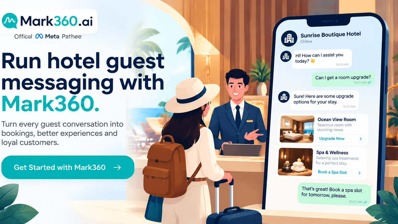 Mark360 Meta Partner CTA for hotel WhatsApp pre-arrival drips and package campaigns