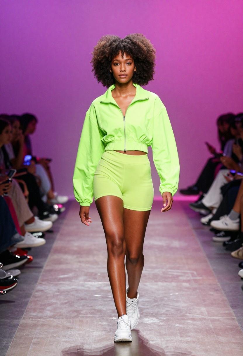 Neon green matching track set as high fashion courtside athleisure