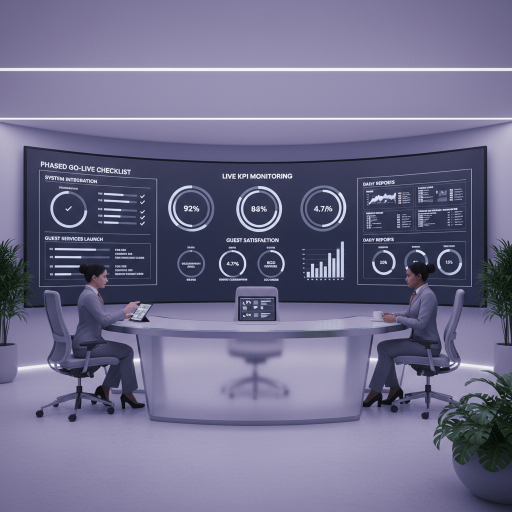 Phased hotel go-live monitoring with live KPIs and calm team review