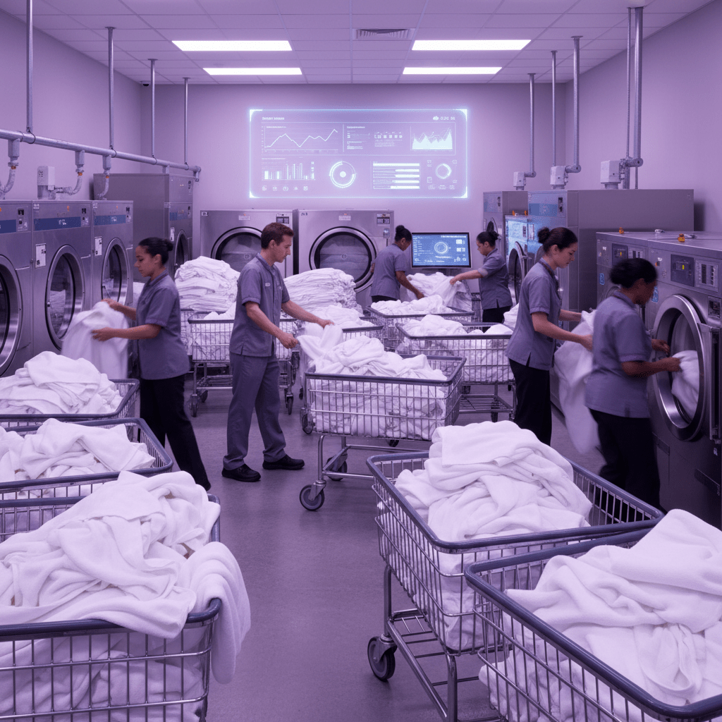 Hotel laundry room under pressure with carts, linens, and staff