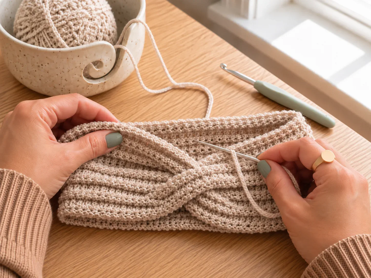 Cozy Bouclé Ear Warmer: Weave ends and block