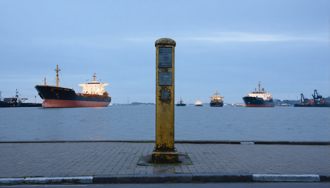 A lone brass marker at the narrow neck of a canal at dusk, shipping lanes converging behind it, as if collecting a toll on an inevitable passage.