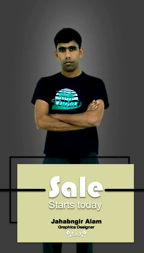 Portrait of Jahabngir Alam, a graphics designer, featured on a promotional banner announcing a sale starting today. Jahabngir