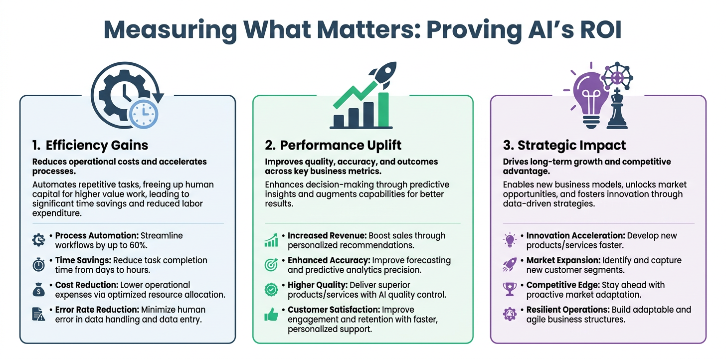 A diagram comparing the three key areas for measuring AI's return on investment: Efficiency Gains, Performance Uplift, and Strategic Impact.