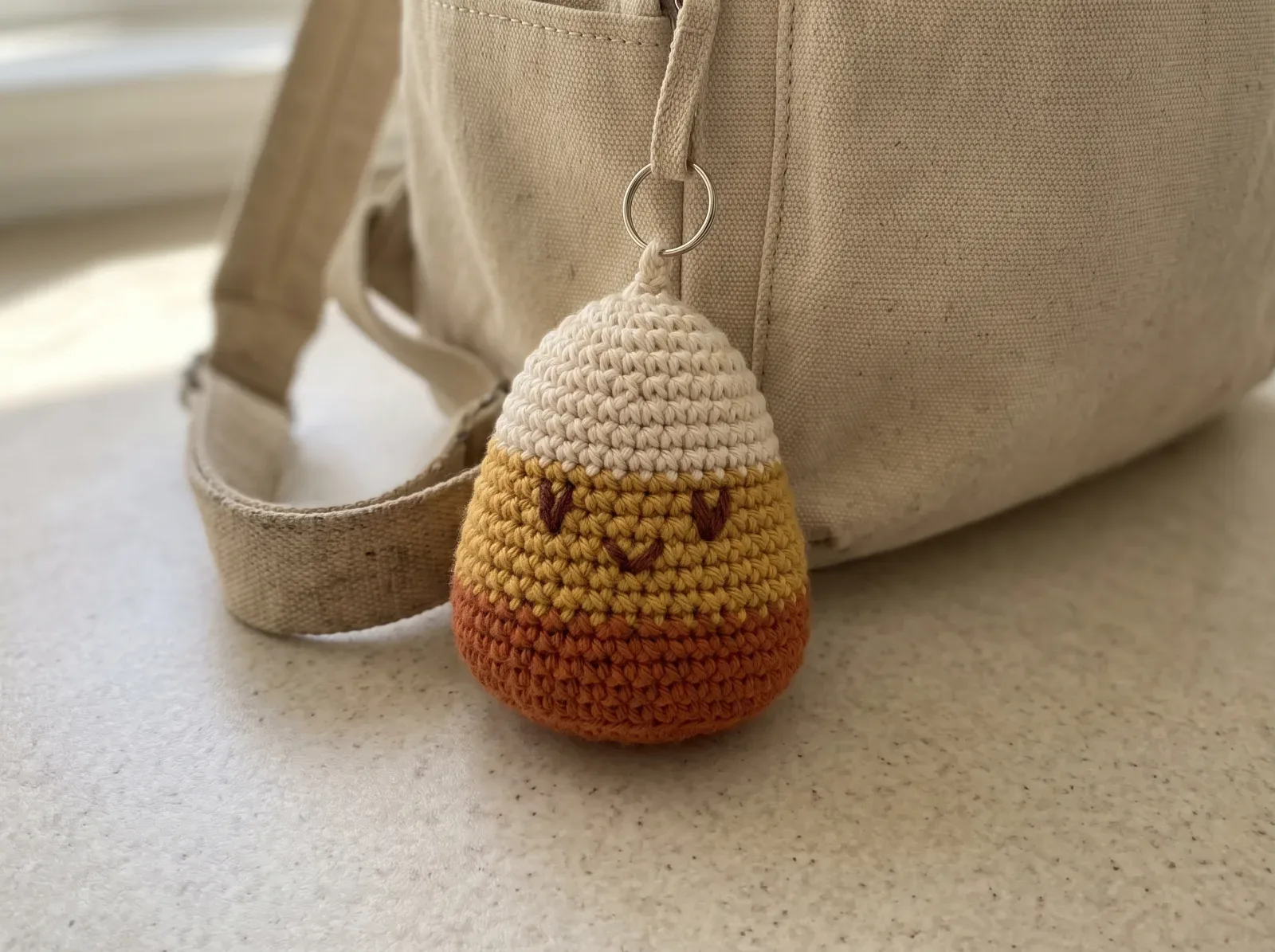 Cute Candy Corn Bag Charm finished crochet project