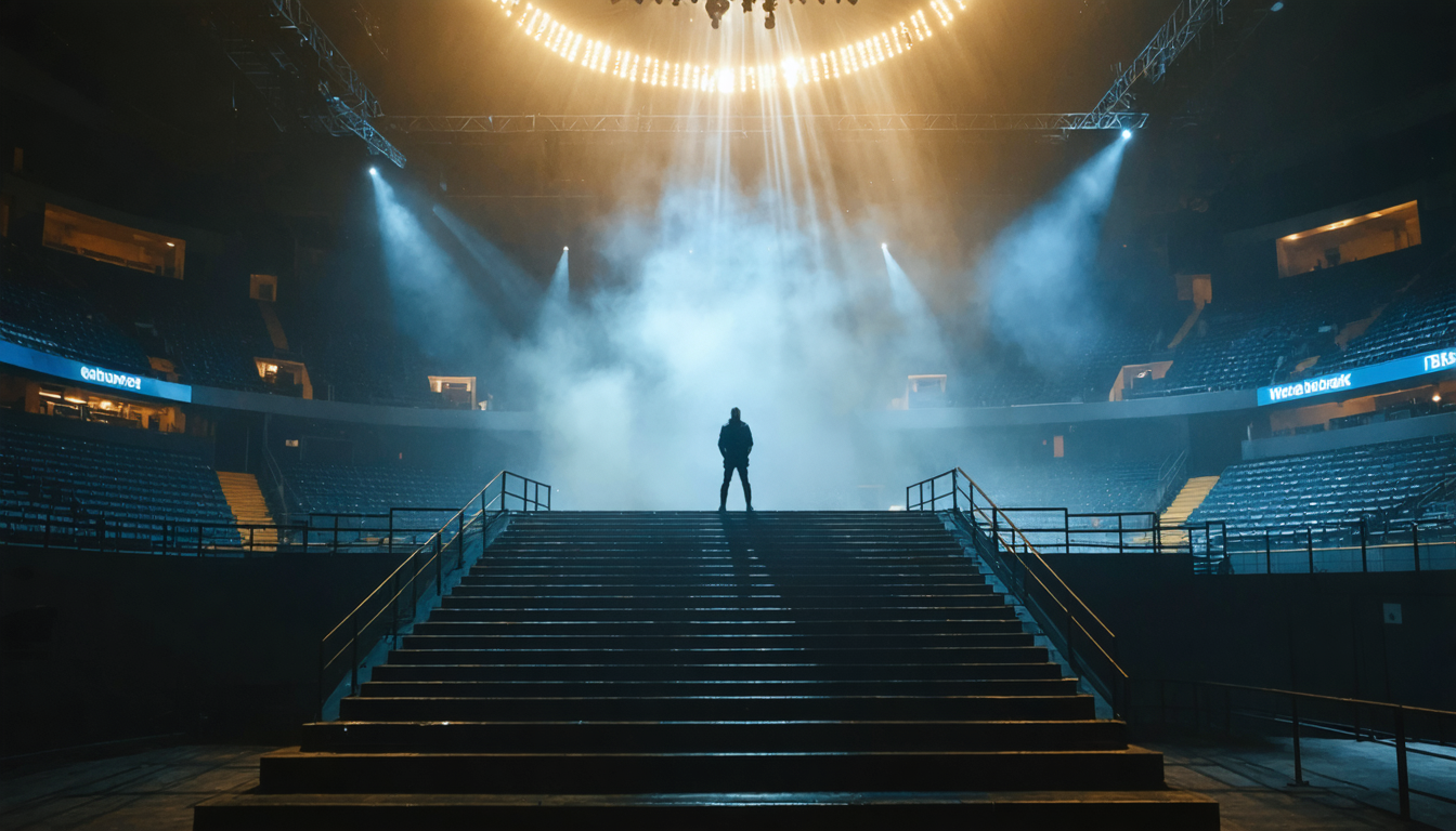 A single figure standing on an elevated platform in a vast empty arena, seen from below at a steep angle, bathed in warm overhead light against deep shadow.