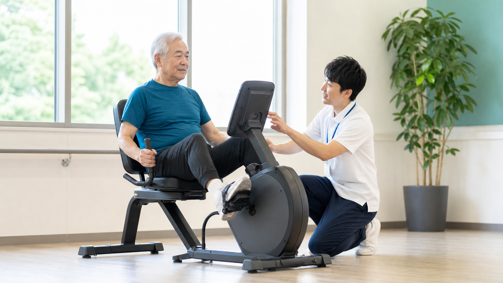 高齢者が専門職と負荷を確認しながら固定式自転車を漕ぐ様子