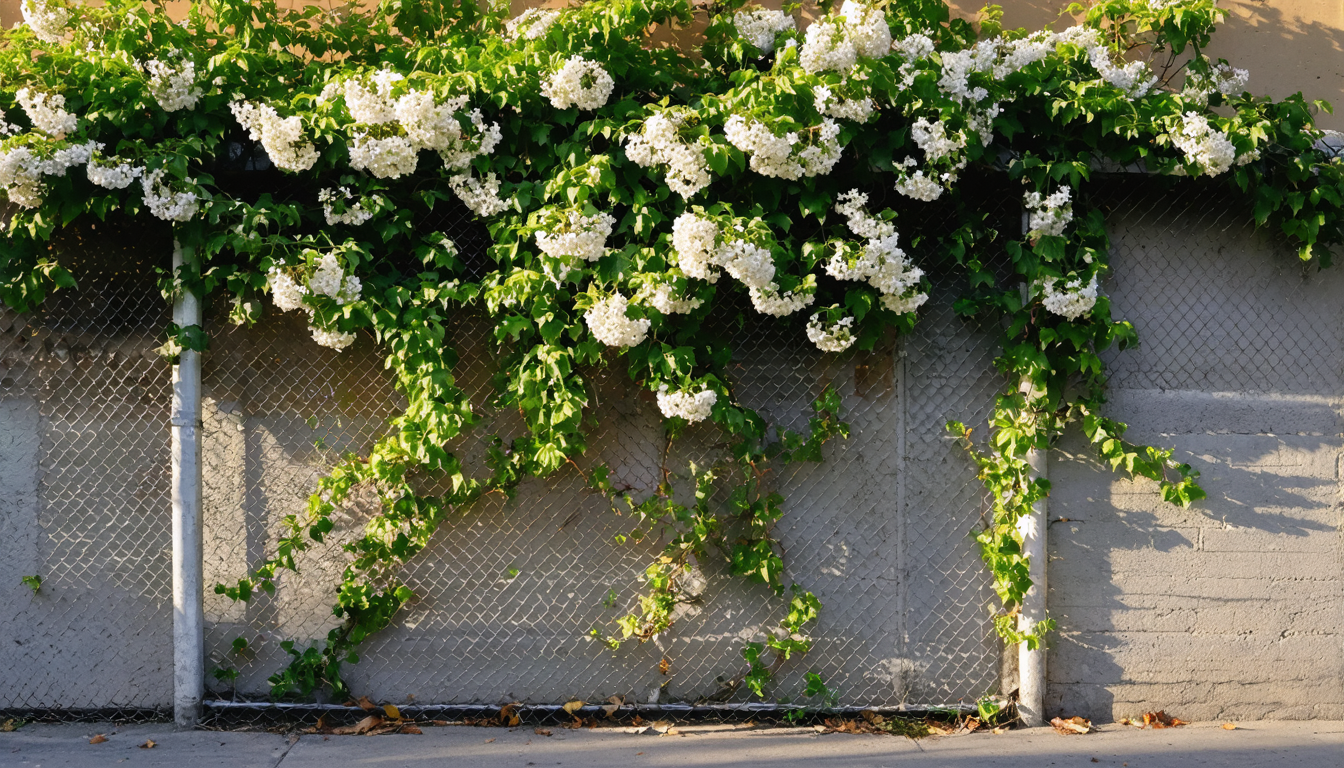 Jasmine vine climbing a rusty chain-link fence in a narrow urban alley, dappled morning light