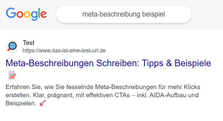 Beispiel für ein Google-Suchergebnis mit hervorgehobenem Title und Meta Description zur Veranschaulichung von Relevanz, Nutzenversprechen und Call-to-Action