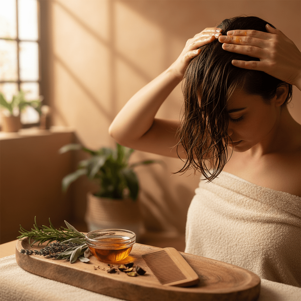 Hands massaging scalp with amla oil in a serene natural spa ritual