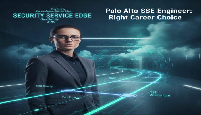 Palo Alto SSE Engineer: Right Career Choice A professional standing in a modern, high-tech digital environment, confidently looking towards an illuminated holographic pathway representing a clear and secure career future as a Palo Alto SSE engineer, with the title 'Palo Alto SSE Engineer: Right Career Choice' embedded.
