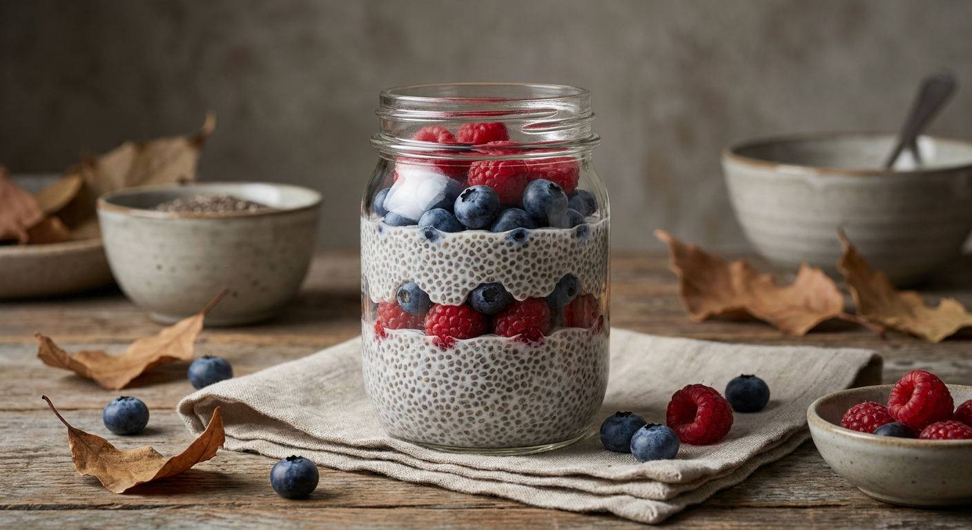Organiczny pudding chia z jagodami i malinami.