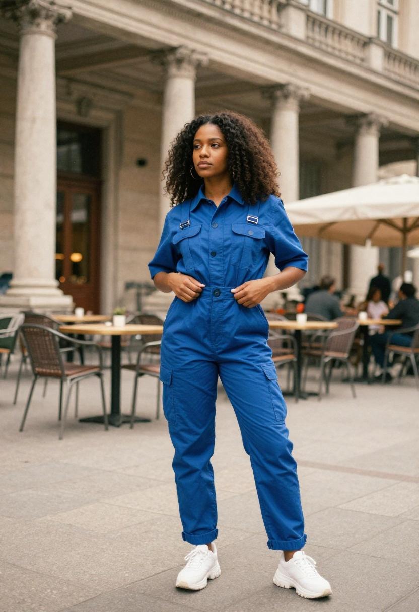 Cobalt blue utility jumpsuit with chunky sneakers for an adventurous escape room date night