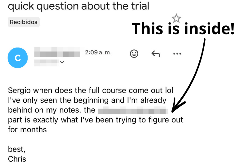 Email testimonial screenshot about copying a proven system