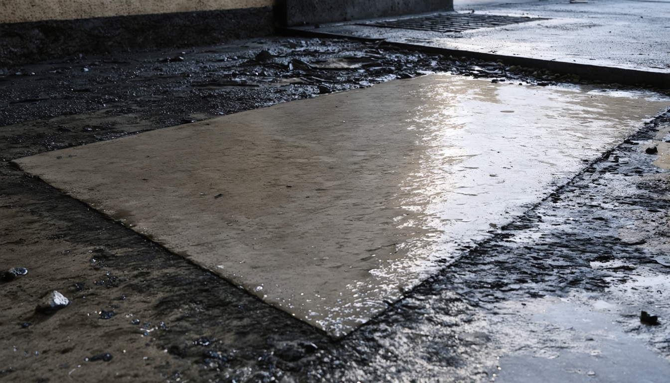 Fresh gray concrete recently poured over a patch of dark soil in an urban alley at dawn, edges still wet.