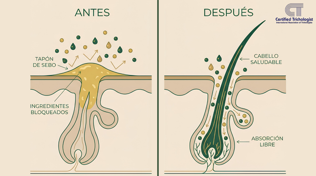 Diagrama: folículo tapado por sebo vs. folículo destapado con pelo creciendo