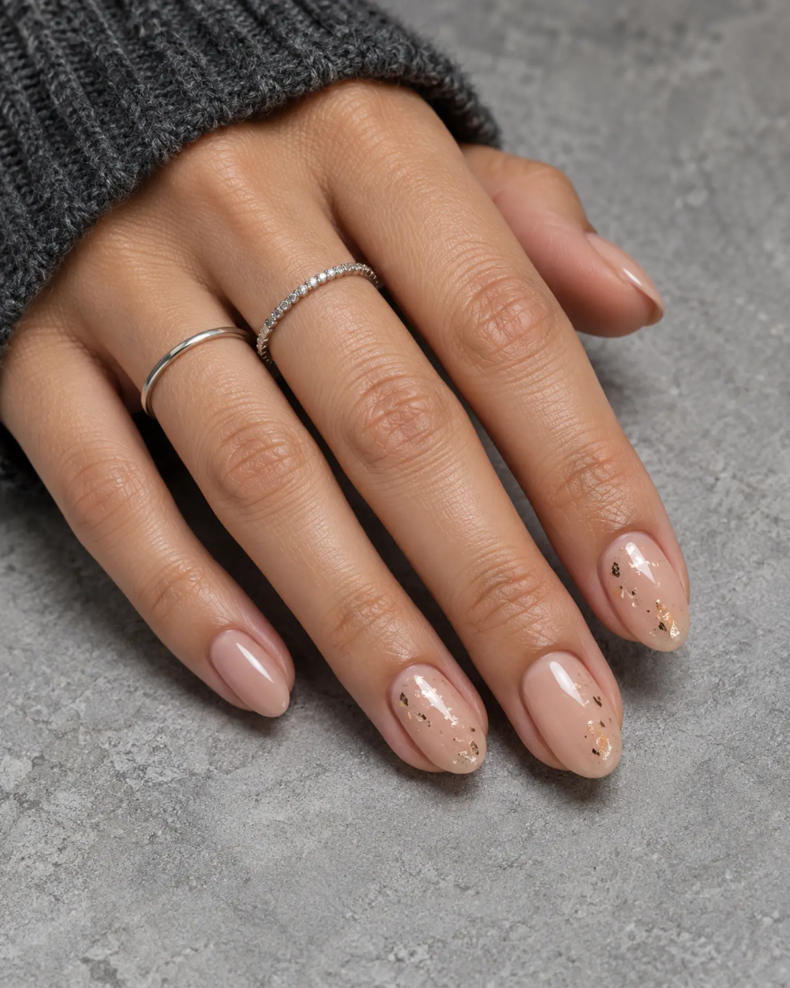 Nude Foil-Flake Accent manicure inspiration for nude nail ideas