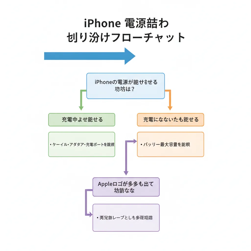 iPhoneが充電しながら電源落ちるのを繰り返す原因と対処法5ステップ – 原因切り分けフローチャート
