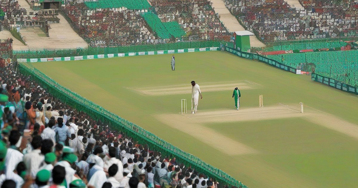 Cricket stadium under floodlights during evening T20 match with players in action on field