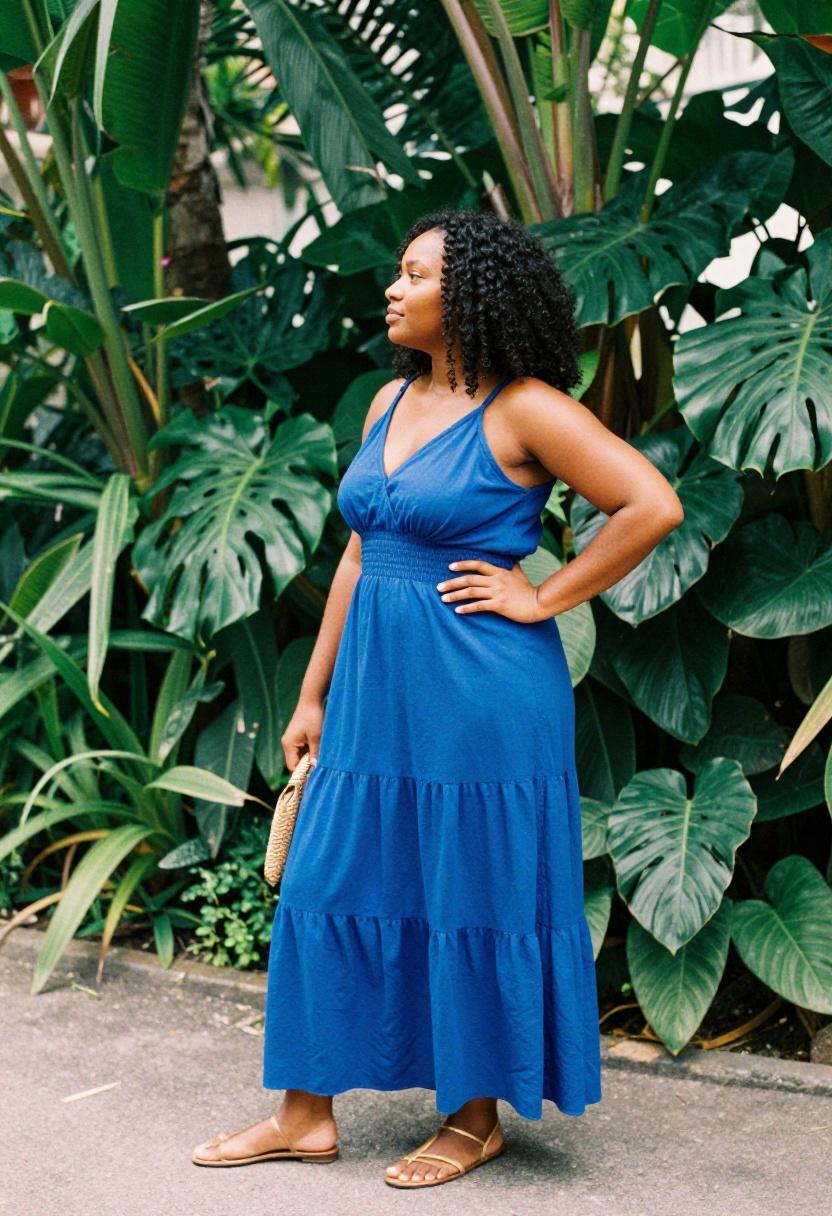 Cobalt blue tiered maxi dress with gold sandals for a tropical fall look for curvy women