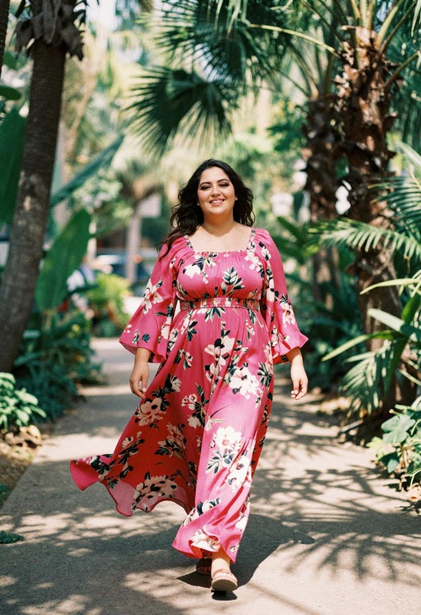 Plus size woman in fuchsia floral maxi dress on a tropical palm-lined path